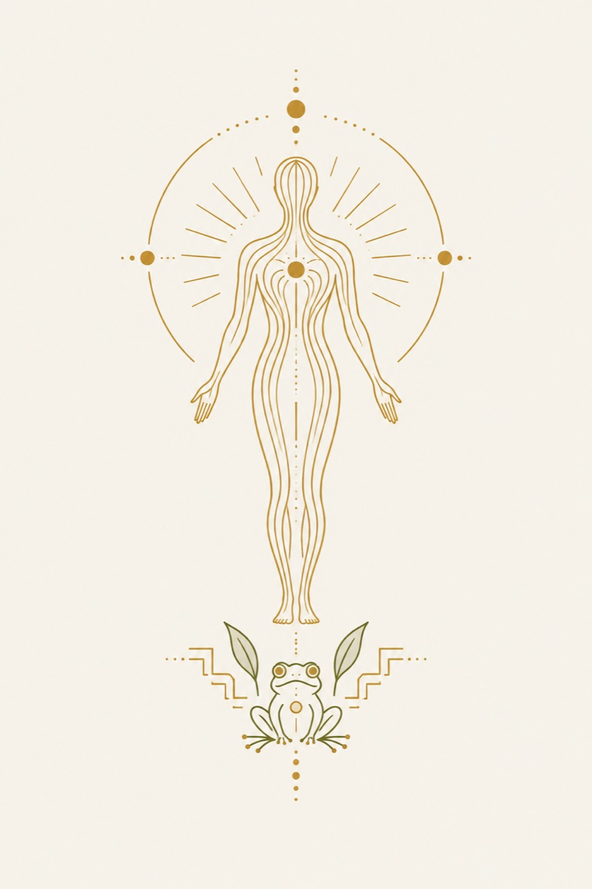 Gold line illustration of a standing figure above a small frog between leaves